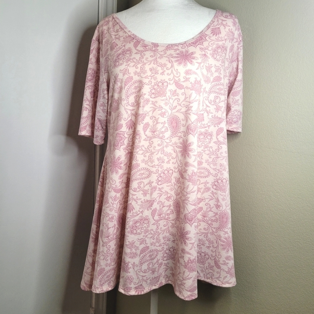 LuLaRoe Pink with Designs, Slit On Sides Short Sleeves Size Medium